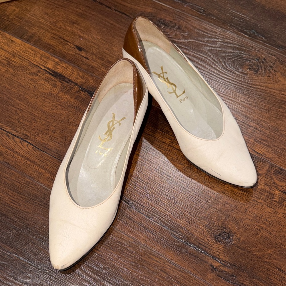 Vintage YSL Yves Saint Laurent Women's Cream & Brown Leather Kitten Heels - 35